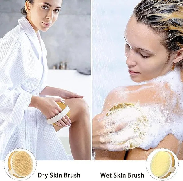 Wooden Bath Brush with Soft Mesh Back Scrubber