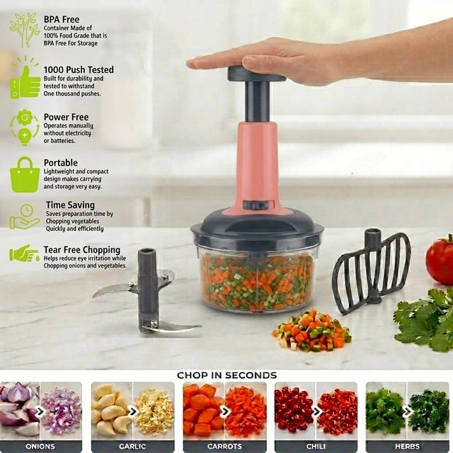 Push-Style Manual Vegetable Chopper – 650 ml, 3-Tier Stainless Steel Blades
